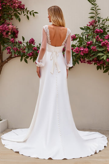 Ivory Mermaid V Neck Long Sleeves Satin Bridal Dress With Lace